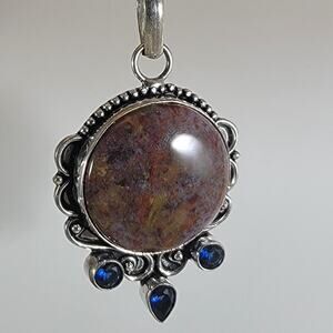 Jasper Pendant Necklace – With Blue Sapphire Accents + 20" Silver Snake Chain